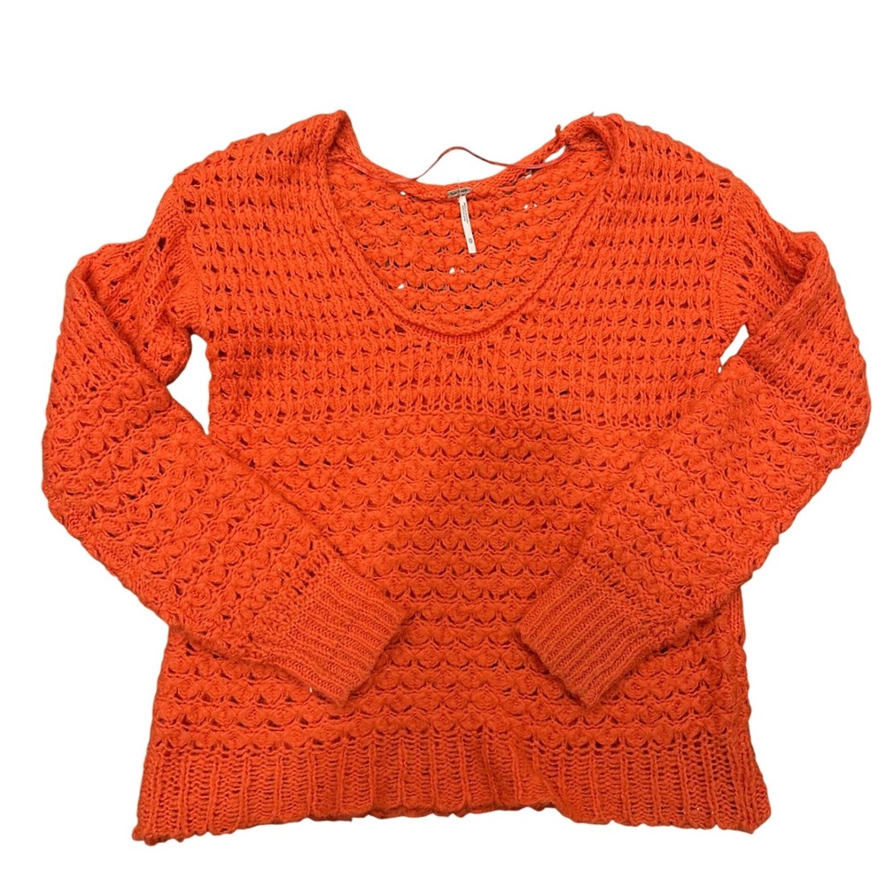 Free People Womens Orange Wool Blend Open Knit Scoop Neck Sweater XS TP